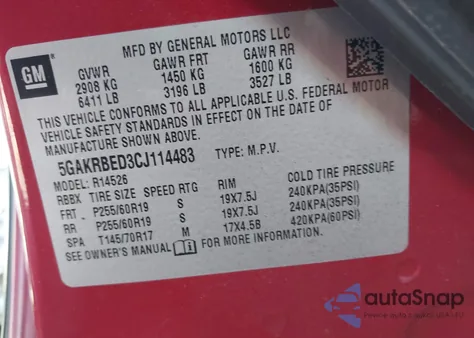 2012 Buick Enclave Convenience из США, поврежденный, VIN 5GAKRBED3CJ114483